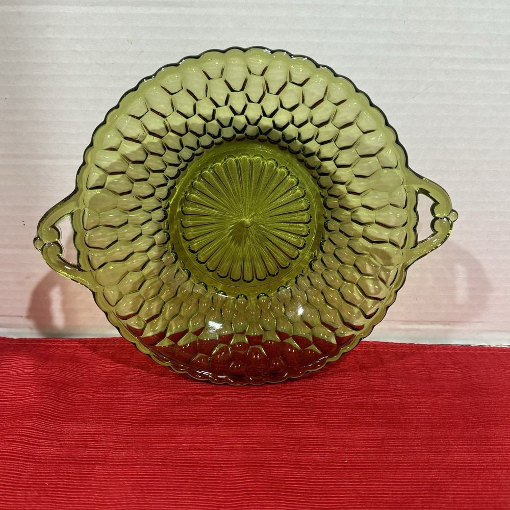Vintage Indiana Green Glass‎ Honeycomb Pattern Relish Candy Mint Dish  2 Handle